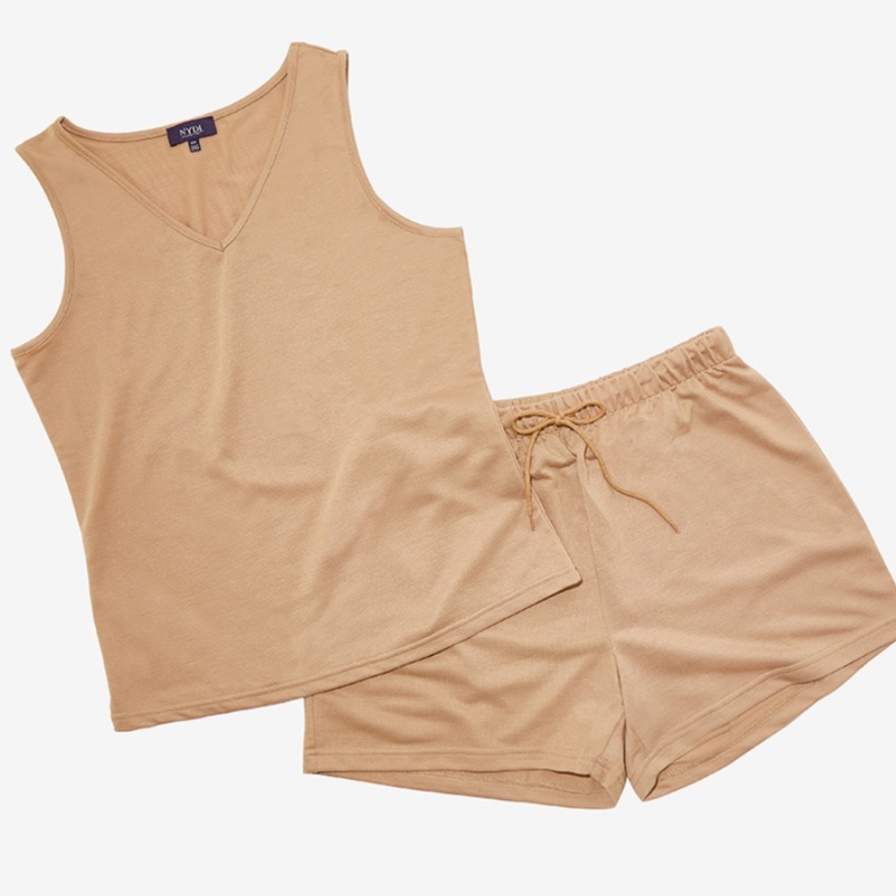 NYDJ French terry camel shorts and tank lounge set